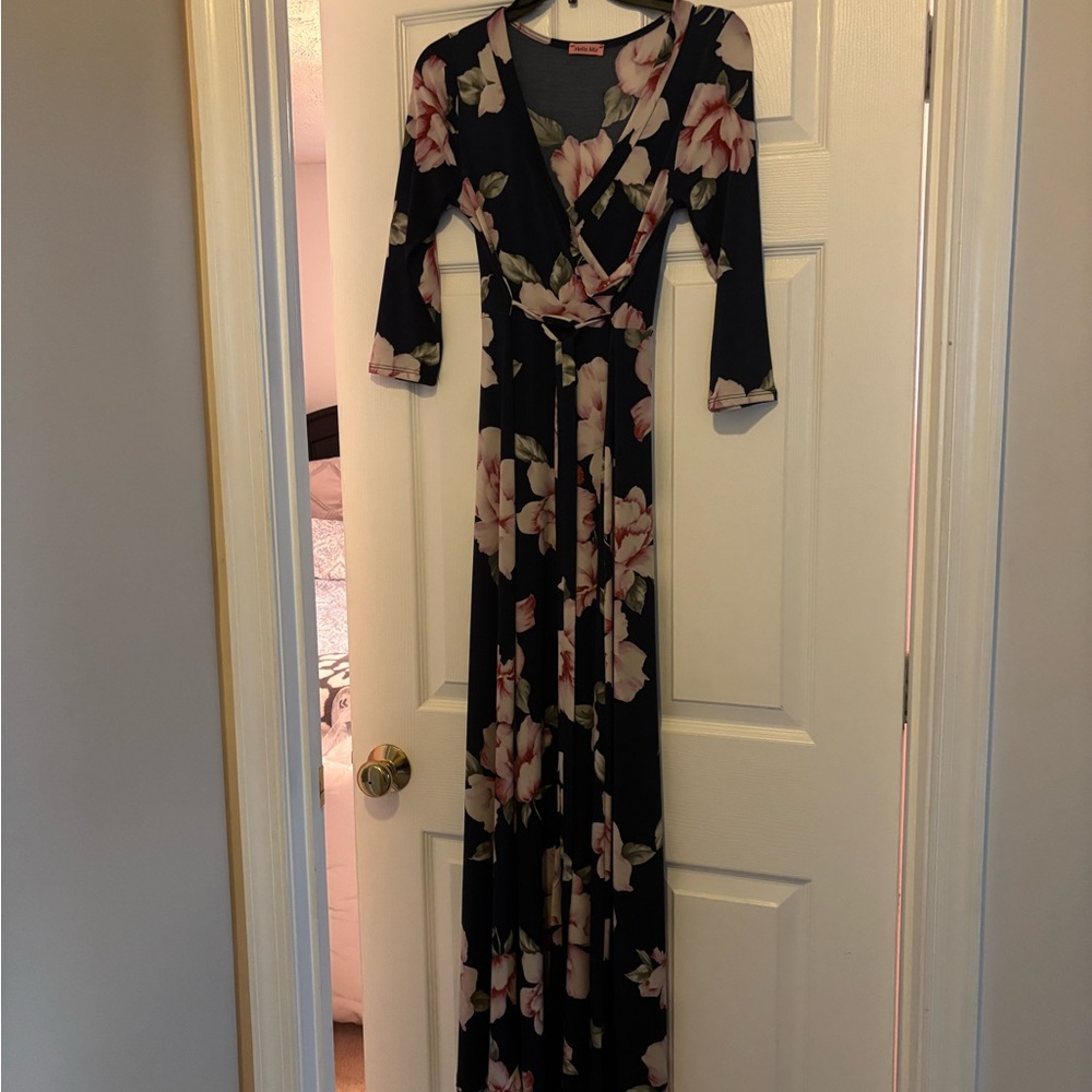 HELLO MIZ Women's Faux Wrap Maxi Maternity Dress with Belt